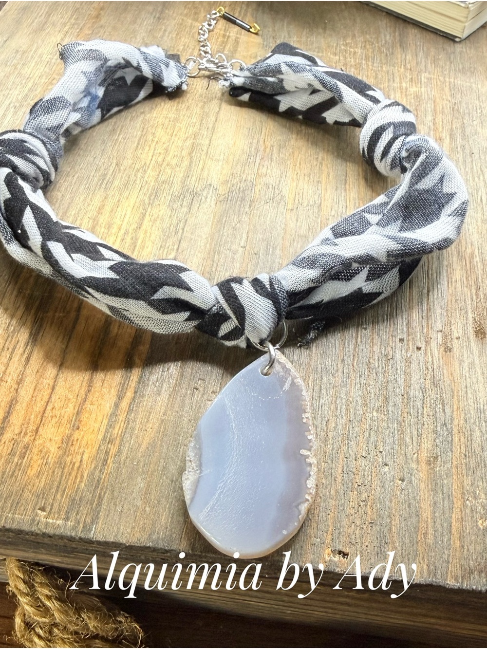 Monumental + Black and White Scarf Necklace with Gray Agate Pendant